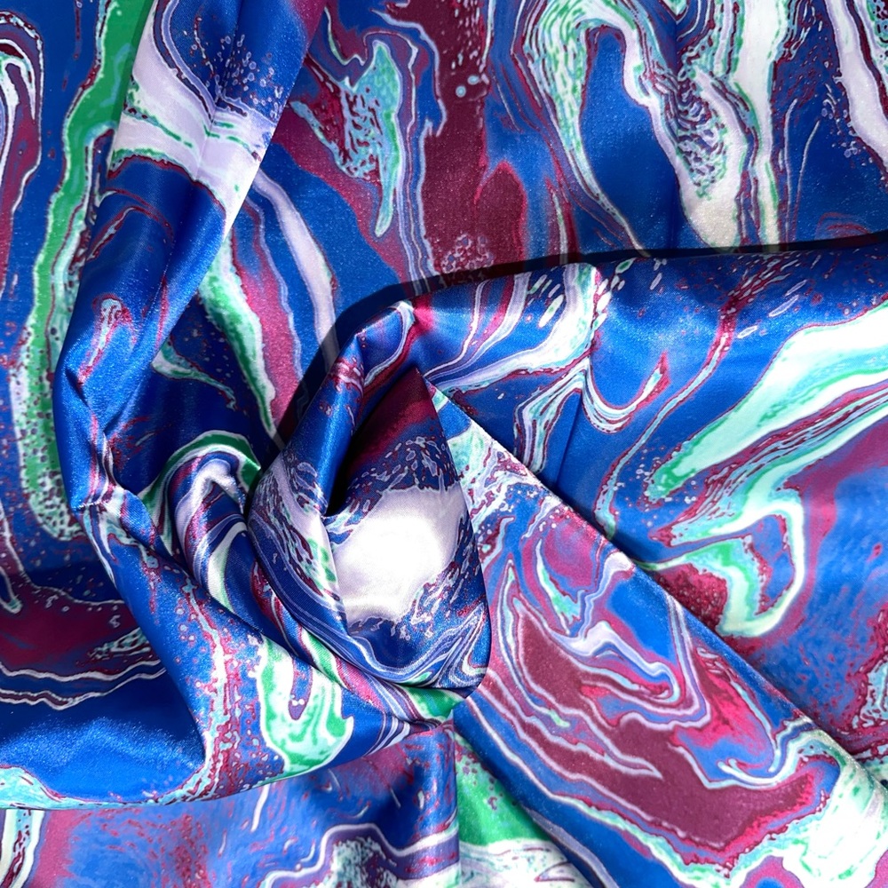 African Print, Satin Fabric - Blue, Purple, Green "Wasi Whirl", 4 Yards